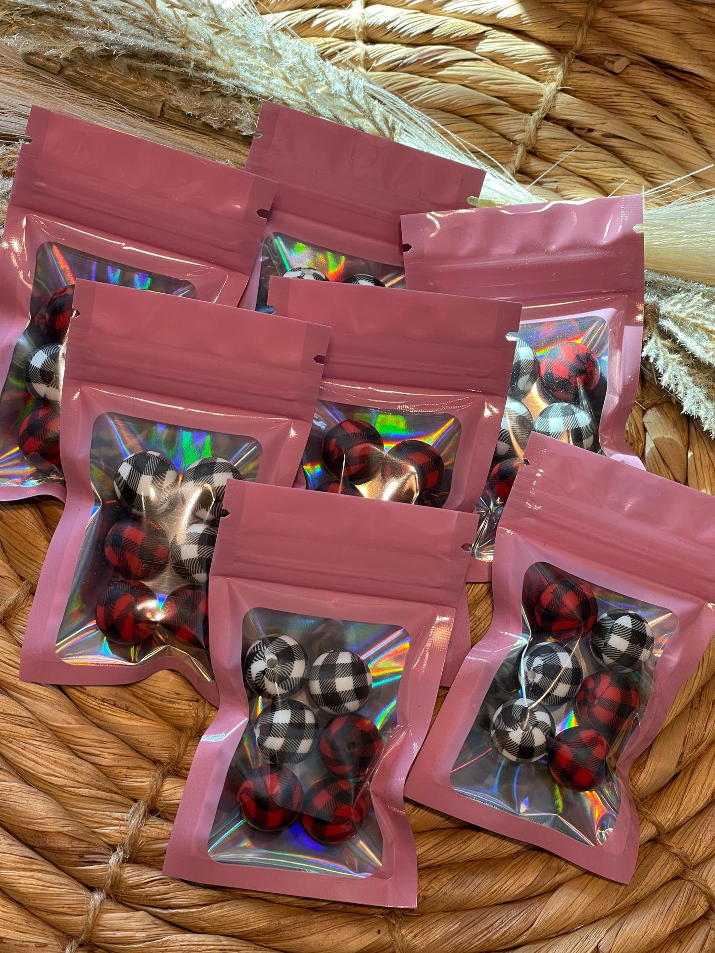 Buffalo Plaid Printed Silicone Beads. 6 pc. Pack